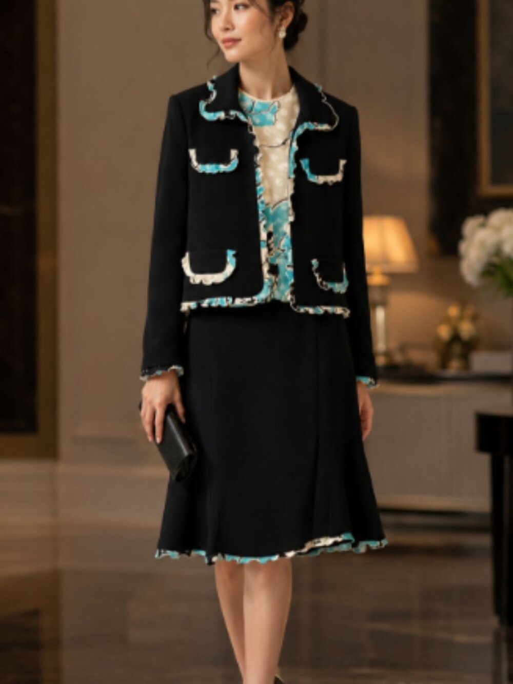 Ecaille Paris Skirt Set Blazer Shell Size 8 Silk Blend